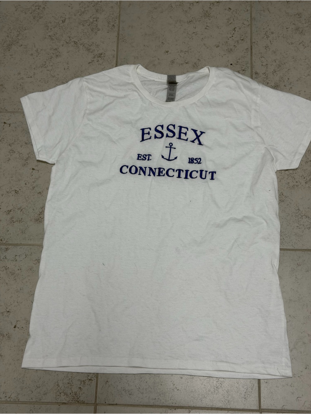 Gildan Heavy Cotton Unisex White T-Shirt with blue Essex Connecticut embroidery
